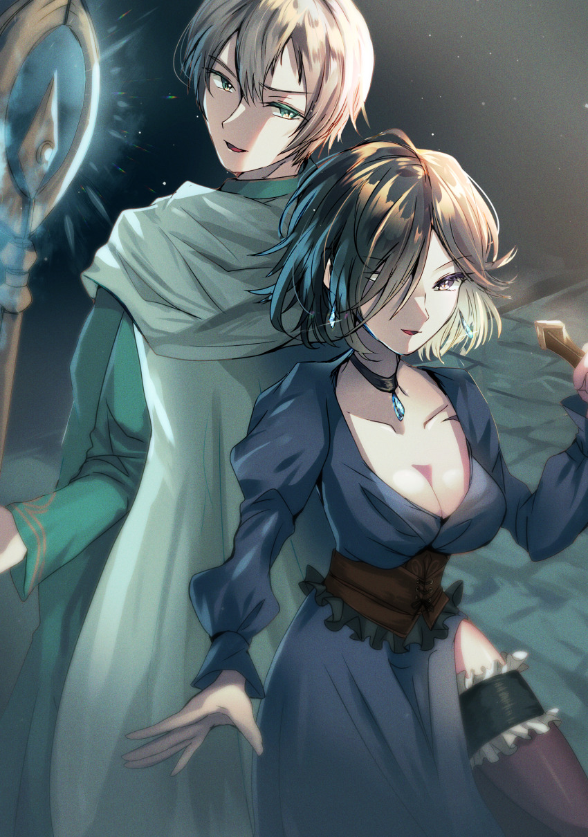 1boy 1girl aqua_gemstone aqua_robe back-to-back black_corset black_eyes black_hair breasts cape cleavage collarbone colored_eyelashes commentary_request corset double-parted_bangs dress earrings film_grain garter_belt gem hair_over_one_eye highres holding holding_staff holding_weapon jewelry juliet_sleeves large_breasts long_sleeves looking_at_another looking_at_viewer looking_back musui_(user_khpx4855) necklace octopath_traveler octopath_traveler_ii puffy_sleeves purple_dress purple_thighhighs short_hair side_slit staff teardrop_earrings temenos_mistral thighhighs throne_anguis weapon white_cape white_hair