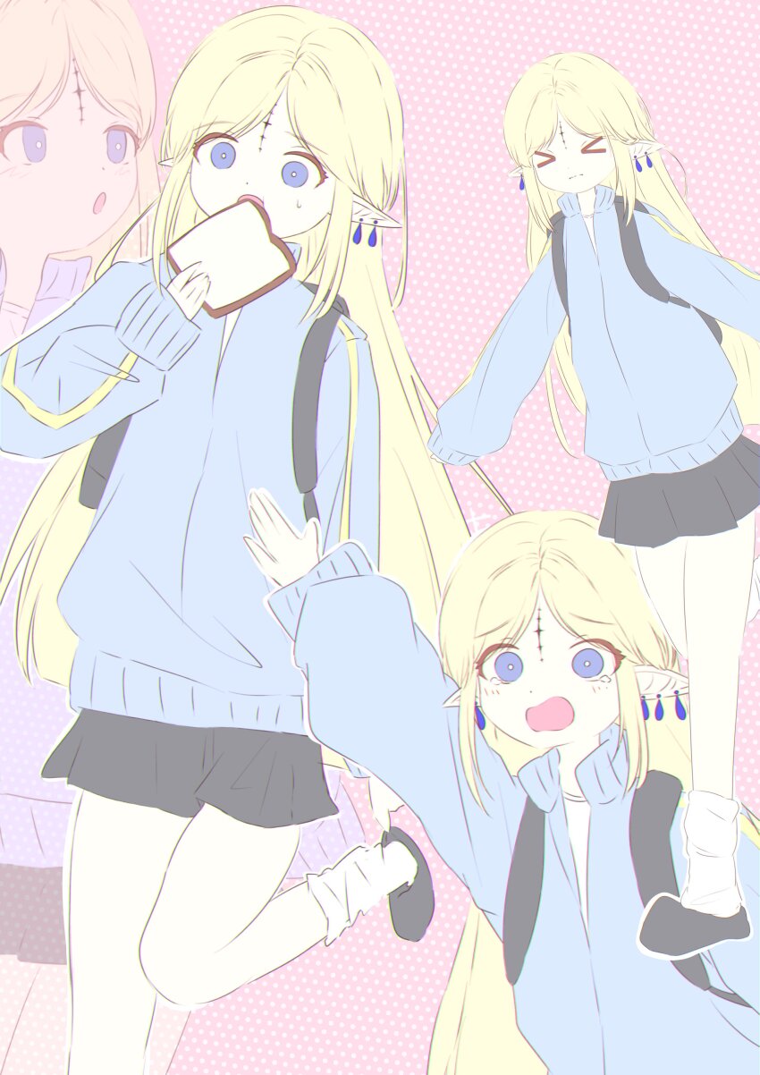 &gt;_&lt; 1girl absurdres alternate_costume black_skirt blonde_hair blue_eyes blue_sweater bread bread_slice cartethyia_(wuthering_waves) check_clothing closed_mouth clothing_request commentary_request earrings food highres holding holding_food jewelry long_hair looking_at_viewer multiple_views obyake open_mouth pink_background pointy_ears sidelocks skirt socks sweater tacet_mark_(wuthering_waves) tearing_up toast very_long_hair white_socks wuthering_waves