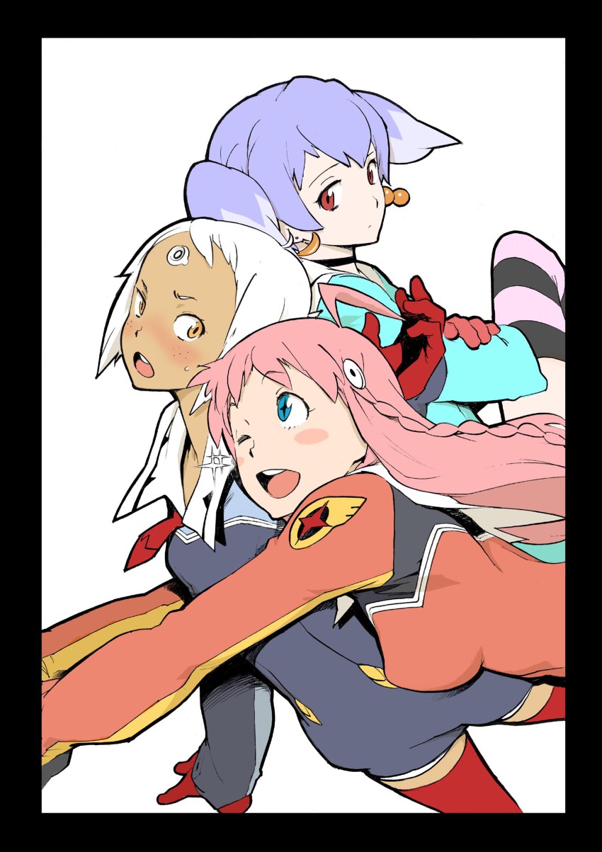 00s ahoge blue_eyes blush blush_stickers braid chiko crossed_arms dark-skinned_female dark_skin earrings freckles gloves highres inoue_kiyoshirou jewelry lal&#039;c_mellk_mal multicolored_hair nono_(top_wo_nerae_2!) one_eye_closed open_mouth orange_eyes pink_hair purple_hair red_eyes short_hair side_braid simple_background smile sparkle striped_clothes striped_legwear striped_thighhighs sweatdrop thighhighs top_wo_nerae!_(series) top_wo_nerae_2! twintails two-tone_hair tycho_science white_hair wink zettai_ryouiki