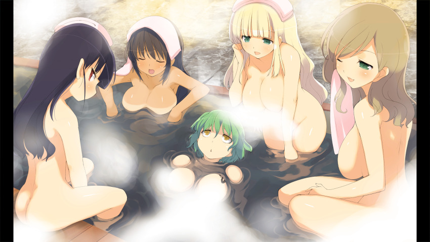 5girls absurdres ass black_hair blonde_hair breast_tattoo breasts brown_hair butt_crack closed_eyes completely_nude convenient_censoring game_cg green_eyes haruka_(senran_kagura) highres hikage_(senran_kagura) homura_(senran_kagura) large_breasts long_hair looking_at_another looking_back looking_up medium_hair mirai_(senran_kagura) multiple_girls non-web_source nude official_art one_eye_closed onsen open_mouth partially_submerged pillarboxed red_eyes senran_kagura senran_kagura_burst sitting smile steam steam_censor tan tanline tattoo towel towel_on_head water yaegashi_nan yomi_(senran_kagura)