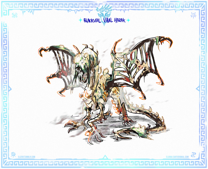 blackveil_vaal_hazak border character_name claws dragon eliz0r email_address highres monster monster_hunter:_world monster_hunter_(series) monster_hunter_world:_iceborne no_humans sharp_teeth signature simple_background spores teeth tumblr_username undead