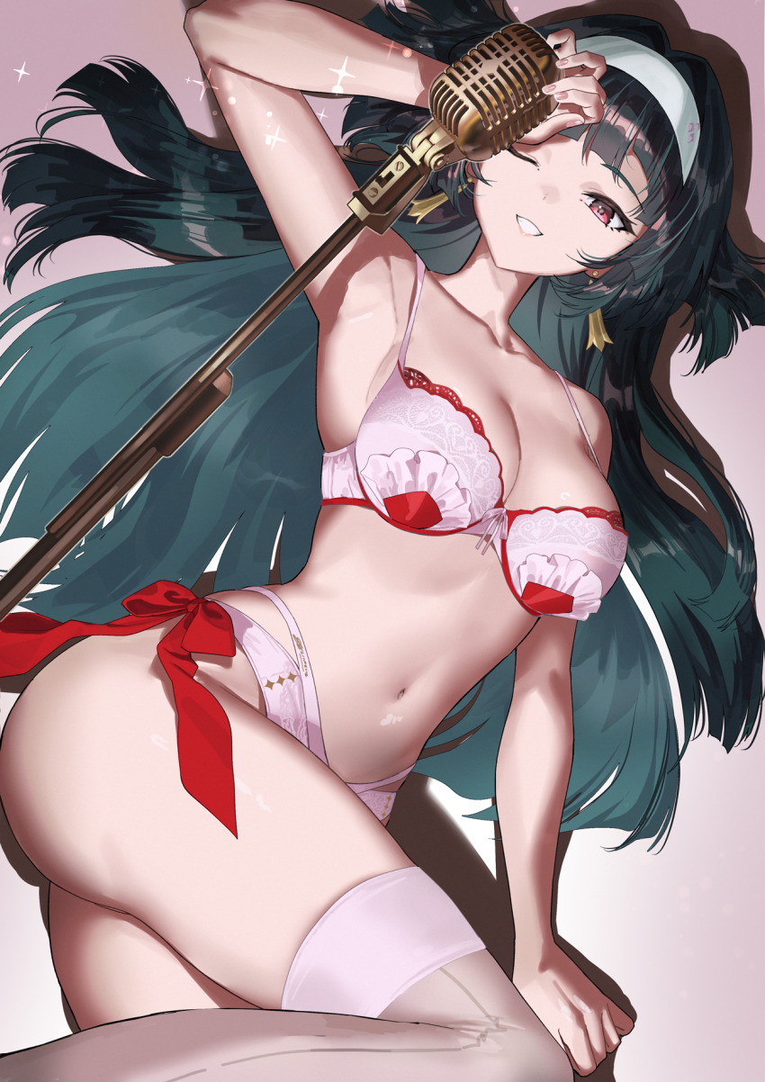 1girl arm_up astra_yao bare_shoulders black_hair bra breasts cleavage collarbone earrings grin hair_ornament hairband highres jewelry large_breasts long_hair looking_at_viewer lying microphone navel on_back one_eye_closed panties red_eyes salmon88 smile solo sparkle thighhighs thighs underwear underwear_only white_bra white_hairband white_panties white_thighhighs zenless_zone_zero
