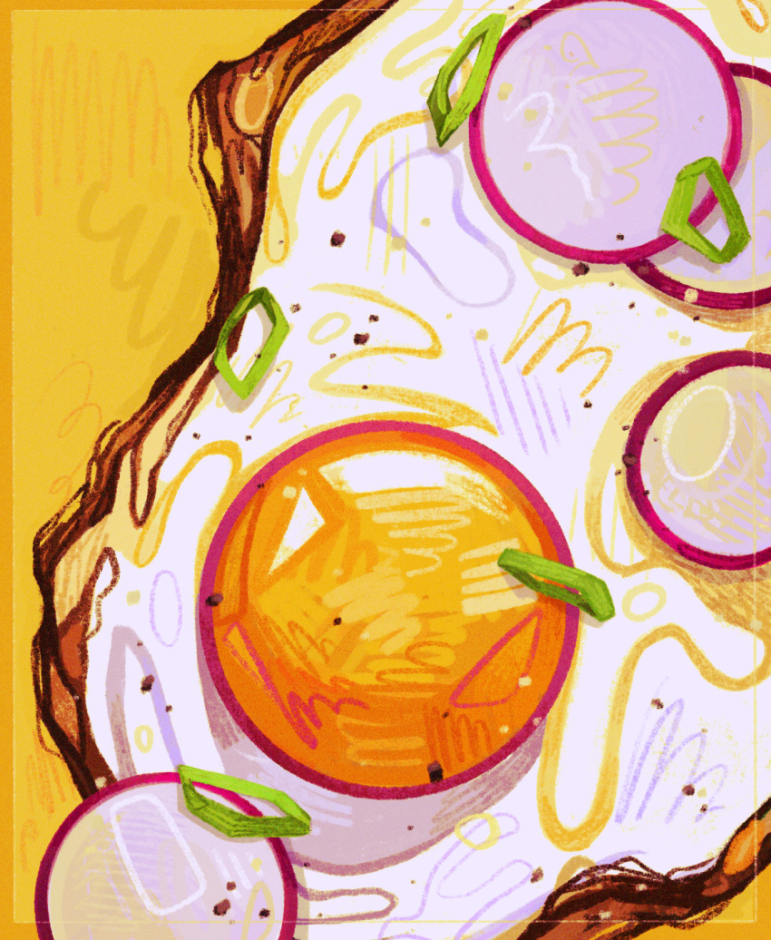 border breakfast colorful egg egg_(food) egg_yolk film_grain food food_focus fried_egg hatching_(texture) highres no_humans original quezify simple_background sliced spring_onion still_life turnip vegetable yellow_background yellow_border