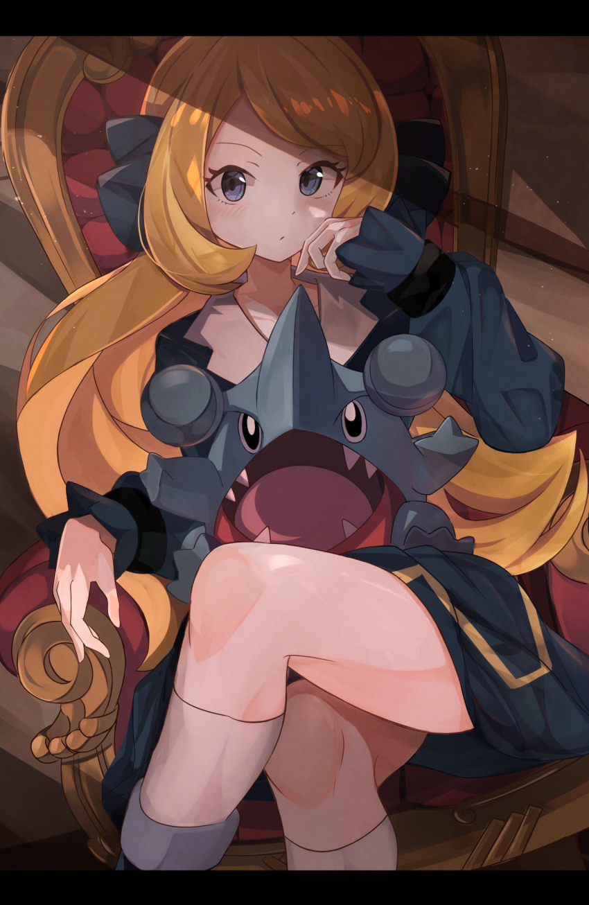 1girl aged_down blonde_hair chair cynthia_(pokemon) gen_4_pokemon gible grey_eyes highres long_hair nintendo pokemon pokemon_(anime) pokemon_(creature) pokemon_journeys sitting umiru very_long_hair wavy_hair