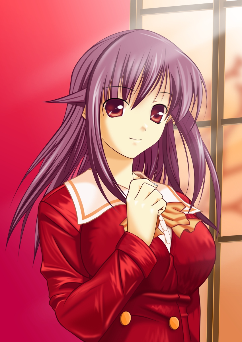 1girl absurdres andou_mahoro breasts derivative_work female_focus fusion highres indoors mahoromatic mahuri niabot purple_hair red_eyes school_uniform sky solo suzumiya_haruhi suzumiya_haruhi_no_yuuutsu vector_trace