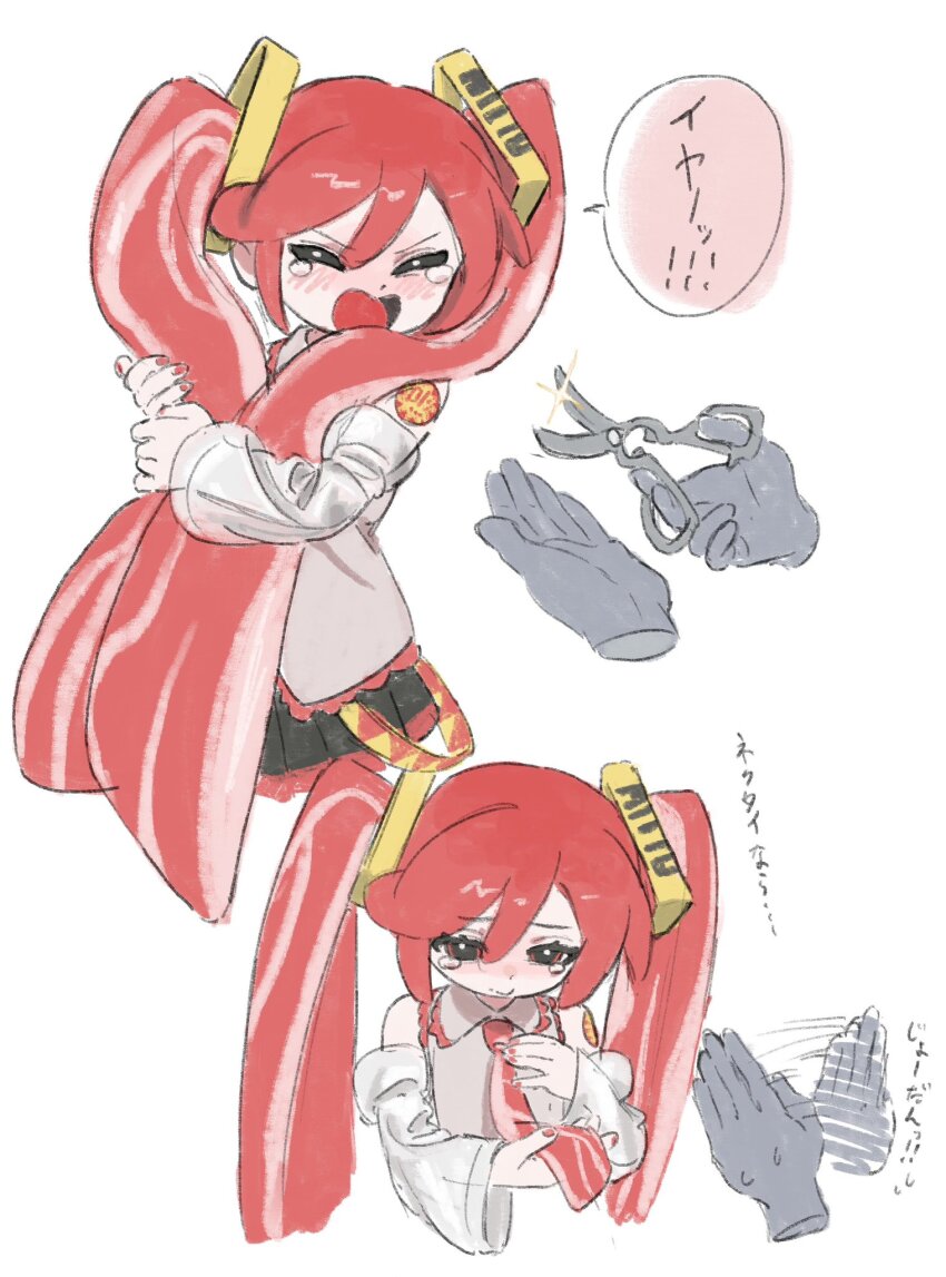 &gt;_&lt; 1girl 1other :o adapted_costume bag bare_shoulders black_skirt blush collar collared_shirt commentary detached_sleeves food food-themed_clothes food-themed_hair frilled_collar frills furrowed_brow gomibako_(gomibako_price) grey_shirt hair_between_eyes hair_ornament hatsune_miku highres holding holding_scissors label long_hair meat miniskirt necktie niku_miku_(nankai) open_mouth plastic_bag pleated_skirt raw_meat red_eyes red_hair red_nails red_necktie scissors see-through_clothes see-through_sleeves shirt skirt speech_bubble sweat tears translated twintails upper_body very_long_hair vocaloid white_background