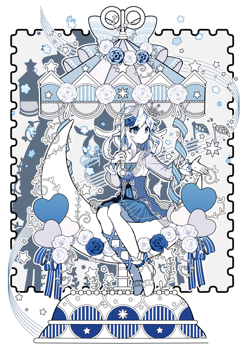 1girl artist_name blue_dress blue_eyes blue_ribbon border breasts commentary crescent dress elina_(e2n04n) english_commentary english_text flower full_body hand_up heart high_heels highres holding holding_umbrella long_sleeves looking_afar medium_hair mixed-language_commentary on_crescent original outline outstretched_arm parted_lips plant pleated_dress ribbon see-through_clothes see-through_skirt see-through_sleeves sitting skirt small_breasts solo musical_staff star_(symbol) thank_you umbrella umbrella_flower vines white_border white_dress white_flower white_footwear white_hair white_outline