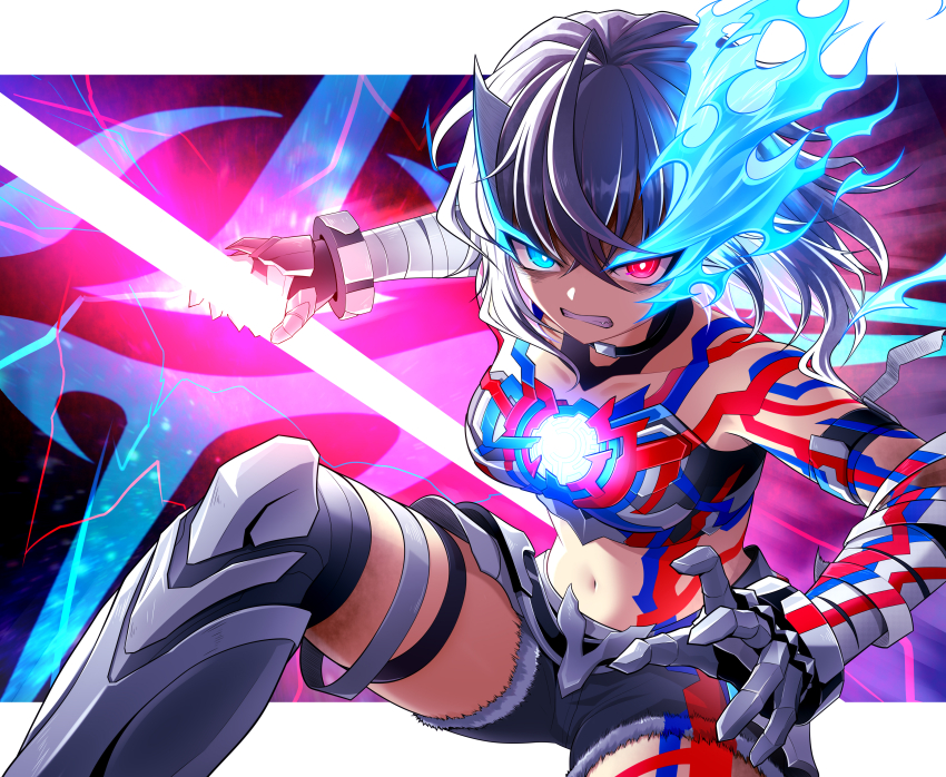 1girl absurdres armlet armored_boots armored_gloves bandaged_arm bandaged_knees bandages belt_buckle blue_eyes blue_fire body_markings boots breasts buckle choker clenched_teeth collarbone color_timer commentary cuffs denim denim_shorts energy energy_weapon fang feet_out_of_frame fighting_stance fire fur-trimmed_shorts fur_trim genderswap genderswap_(mtf) ginga_no_kou glowing glowing_chest glowing_eyes glowing_weapon hair_between_eyes heterochromia highres holding holding_polearm holding_weapon humanization javelin_(spear) jewelry letterboxed looking_at_viewer markings medium_breasts midriff navel on_one_knee polearm red_eyes scowl shaded_face short_hair short_shorts shorts solo teeth thigh_strap tokusatsu tsurime ultra_series ultraman_blazar ultraman_blazar_(series) weapon wrist_cuffs