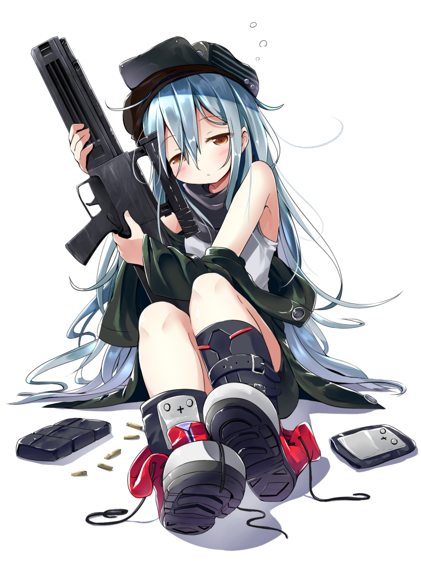 1girl 4.73x33mm_caseless 4.73x33mm_dm11_caseless advanced_combat_rifle_(military_program) advanced_individual_weapon_system_(military_program) advanced_infantry_weapon_system_(military_program) ammunition arm_up assault_rifle association_for_caseless_rifle_systems bike_shorts black_boots black_shorts blue_hair blush boots brown_eyes bullet bullpup carbine caseless_ammunition caseless_ammunition_rifle_system_(military_program) caseless_firearm closed_mouth commentary_request dynamit_nobel_(company) external_propellant_caseless_ammunition female_focus flat_cap full_body g11_(girls&#039;_frontline) gesellschaft_fur_hulsenlose_gewehrsysteme girls&#039;_frontline green_hat green_jacket gun h&amp;k_acr h&amp;k_g11 hair_between_eyes half-closed_eyes hat head_tilt high_ignition_temperature_propellant highres holding holding_gun holding_weapon horizontal_magazine jacket lmg_cartridge long_hair long_sleeves looking_at_viewer makuran military_program name_connection object_namesake off_shoulder open_clothes open_jacket personification propellant prototype_design rifle rifle_cartridge scope shirt shoe_soles short_shorts shorts sitting sleepy sleeves_past_wrists solid_propellant solo supersonic_ammunition tank_top telescoped_ammunition very_long_hair weapon white_background white_shirt