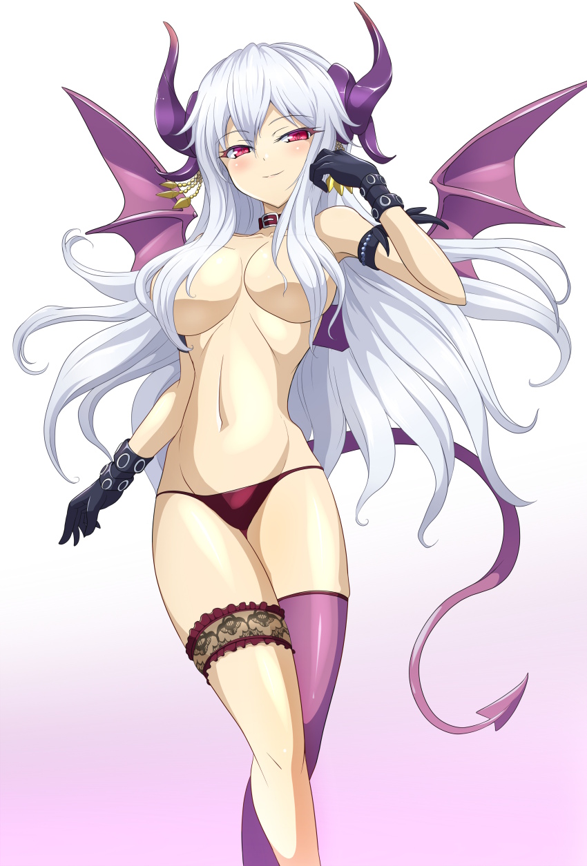 1girl absurdres asymmetrical_legwear black_gloves blush breasts clam_curry convenient_censoring demon_girl gloves groin hair_censor hair_over_breasts highres horns large_breasts long_hair looking_at_viewer navel panties psychic_hearts rusalka_the_abuser solo tail topless_female underwear white_hair
