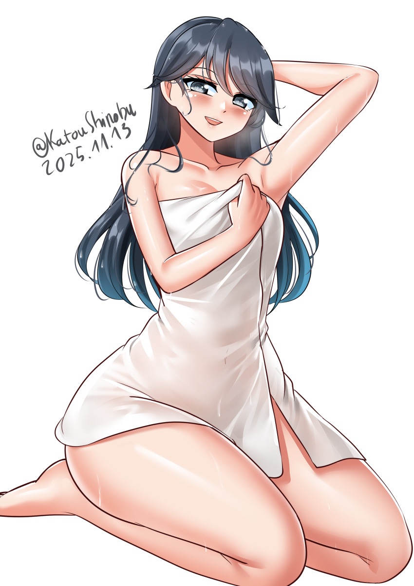 1girl absurdres arm_up black_hair blush commentary dated highres holding holding_towel houshou_(kancolle) kantai_collection katou_shinobu long_hair naked_towel one-hour_drawing_challenge open_mouth simple_background smile solo thighs towel twitter_username wet white_background