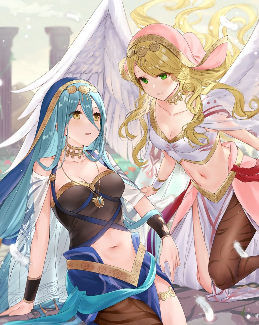 2girls alternate_costume angel_wings azura_(fire_emblem) azura_(hatari)_(fire_emblem) bare_shoulders blonde_hair blue_hair breasts brown_legwear cleavage collar collarbone column feathered_wings feathers fire_emblem fire_emblem:_radiant_dawn fire_emblem_fates fire_emblem_heroes floating_hair flying gold_trim green_eyes hair_between_eyes haru_(nakajou-28) highres jewelry leanne_(fire_emblem) leanne_(hatari)_(fire_emblem) long_hair looking_at_another medium_breasts midriff multiple_girls navel nintendo official_alternate_costume outdoors pantyhose pelvic_curtain pillar see-through_clothes single_leg_pantyhose sitting sky smile stomach swept_bangs thighlet veil very_long_hair waist_cape white_wings wings yellow_eyes