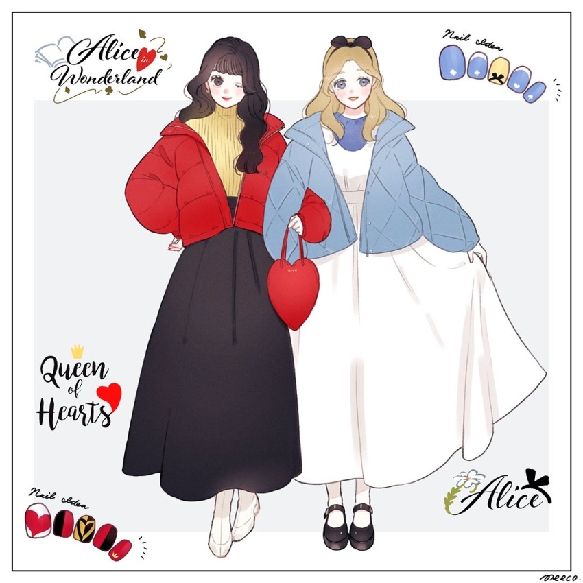 2girls alice_(disney) alice_in_wonderland_(disney) alternate_costume black_hair blonde_hair blue_dress blue_eyes bow copyright_name dress duplicate hairband long_hair meecosme multiple_girls nail_polish queen_of_hearts_(disney) shoes simple_background smile