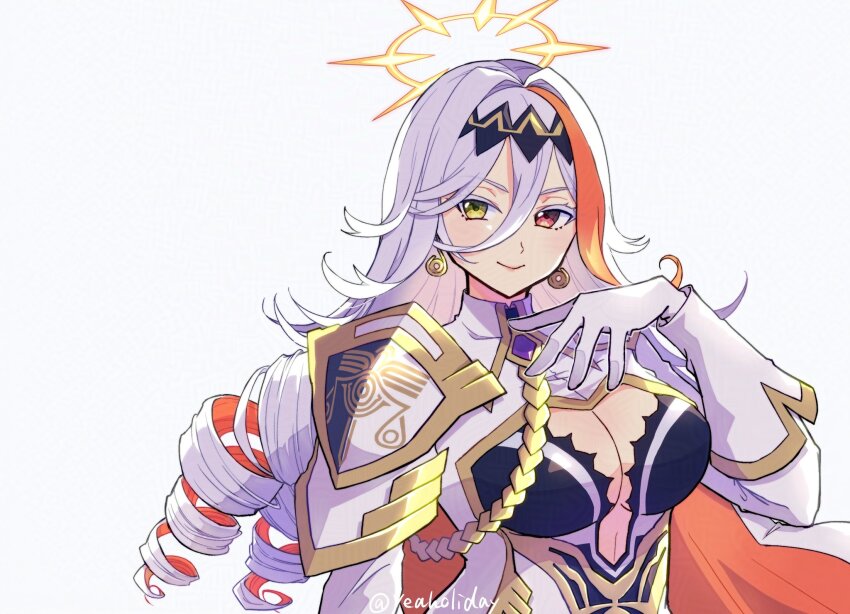 1girl armor baldr_(fire_emblem) baldr_(fire_emblem_heroes) breasts cape center_opening cleavage closed_mouth commentary_request drill_hair earrings fire_emblem fire_emblem_heroes gloves gogatsu_(yeaholiday) hand_on_own_chest hand_up heterochromia highres jewelry large_breasts looking_at_viewer multicolored_hair nintendo orange_cape orange_eyes orange_hair pauldrons shoulder_armor simple_background single_pauldron smile solo streaked_hair twitter_username two-tone_hair white_background white_gloves white_hair yellow_eyes