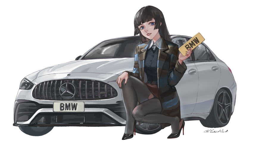 1girl absurdres black_hair black_nails black_pantyhose black_shirt black_shoes blue_eyes blunt_bangs car collared_shirt commentary full_body grin hand_on_own_knee heel_pop high_heels highres holding jacket long_hair looking_at_viewer mercedes-benz motor_vehicle nail_polish nostrils open_clothes open_jacket original pantyhose parted_lips plaid_clothes plaid_jacket red_lips shadow shirt shoes simple_background skirt smile solo squatting stiletto_heels thighs torn_clothes torn_pantyhose twitter_username unused_tire vehicle_focus white_background yukiale