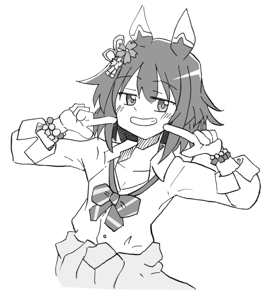1girl alternate_costume animal_ears blush breasts cleavage collarbone flower greyscale grin gyaru hair_between_eyes hair_flower hair_ornament highres horse_ears horse_girl looking_at_viewer monochrome pointing pointing_at_viewer sakura_chiyono_o_(umamusume) school_uniform shikararemimi small_breasts smile solo umamusume white_background