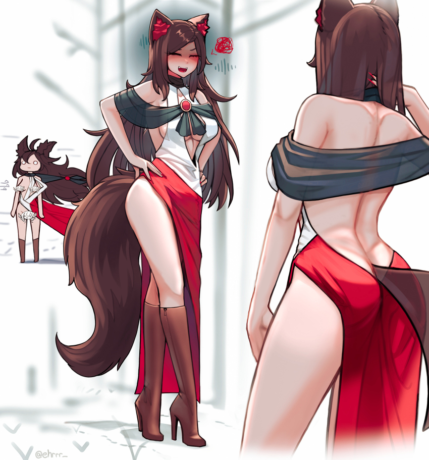 1girl :d adapted_costume animal_ears ass bare_shoulders boots brown_footwear brown_hair brown_tail commentary crossed_legs dress ehrrr english_commentary high_heel_boots high_heels highres imaizumi_kagerou long_hair multiple_views o_o open_clothes open_mouth red_dress smile standing touhou two-tone_dress very_long_hair wardrobe_malfunction watson_cross white_dress wind wolf_ears