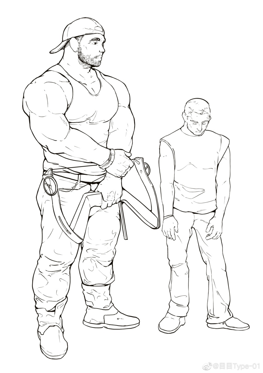 2boys absurdres backwards_hat bara baseball_cap beard_stubble facial_hair full_body greyscale hat height_difference highres holding large_pectorals looking_to_the_side male_focus mature_male me-me_(mouact2) monochrome multiple_boys muscular muscular_male original pants pectorals short_hair standing stubble tank_top thick_eyebrows