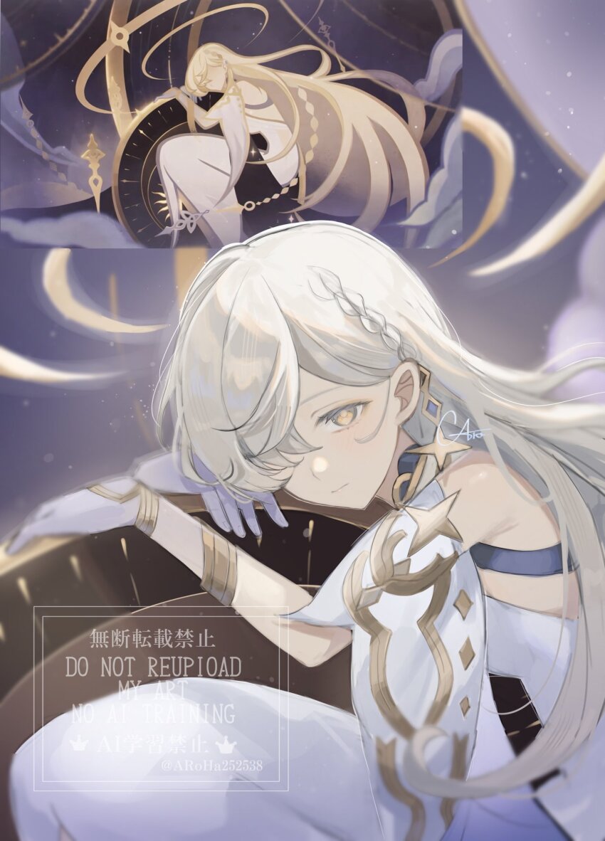 1girl aroha252538 artist_name bare_shoulders braid detached_sleeves dress genshin_impact gloves hair_over_one_eye halo highres istaroth_(genshin_impact) long_hair screenshot_inset short_sleeves signature solo upper_body watermark white_dress white_gloves white_hair white_sleeves yellow_eyes