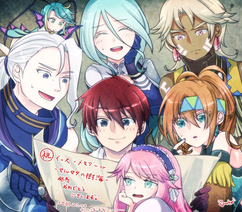 3boys 4girls adol_christin bare_shoulders blue_hair calilica_(ys) closed_mouth dark-skinned_male dark_skin duren_(ys) facial_mark fairy fins frieda_(ys) green_eyes green_hair hand_on_own_cheek hand_on_own_face head_fins headband holding holding_map karna_(ys) long_bangs looking_at_viewer map mayu_(cocomayura) multiple_boys multiple_girls nina_(ys) orange_hair ozma_(ys) parted_bangs parted_lips pink_hair purple_eyes red_hair short_hair signature smile sweatdrop upper_body white_hair ys ys:_memories_of_celceta