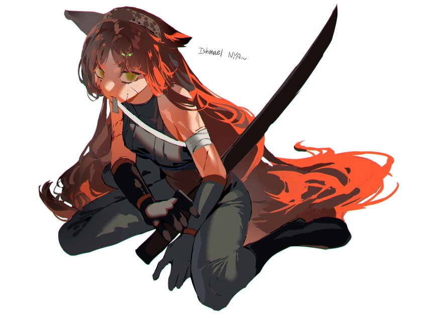 1girl animal_ears bandaged_arm bandages black_boots black_gloves black_pants black_shirt boots breasts brown_hairband cat_ears gloves green_eyes hairband highres holding holding_sword holding_weapon ishmael_(project_moon) katana limbus_company looking_at_viewer medium_breasts pants project_moon shi_association_south_uniform shirt sitting sleeveless sleeveless_shirt solo sword wariza weapon yongsadragon
