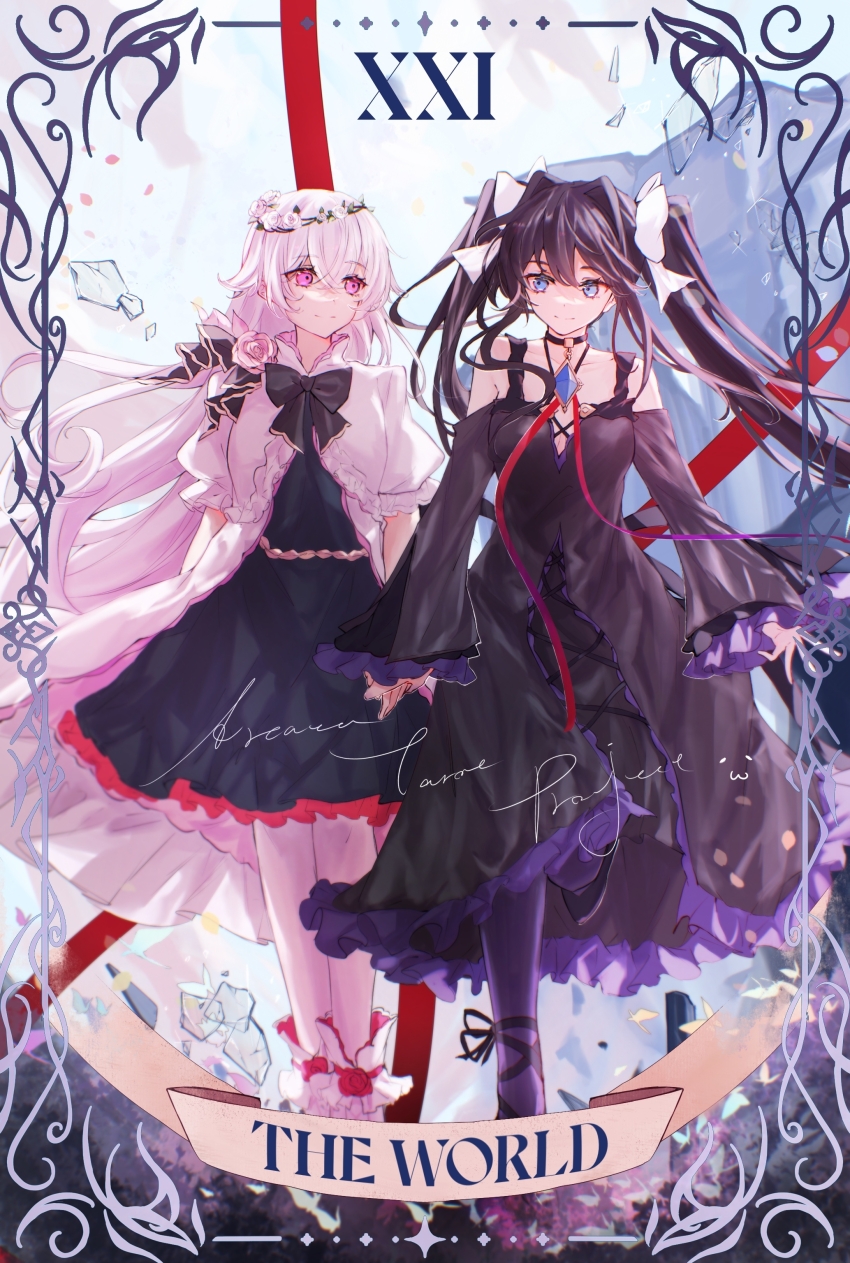 2girls absurdres ankle_lace-up arcaea bare_shoulders black_bow black_bowtie black_choker black_dress black_hair black_ribbon blue_brooch blue_eyes blue_gemstone boots bow bowtie breasts card_(medium) chinese_commentary choker closed_mouth coat collarbone commentary_request cross-laced_clothes cross-laced_dress crossed_bangs dress flower frilled_sleeves frills gem glass_shards hair_between_eyes hair_bow head_wreath highres hikari_(arcaea) hikari_(reunion)_(arcaea) holding_hands jewelry long_hair long_sleeves looking_at_another medium_breasts multiple_girls muonrei00 necklace off-shoulder_dress off_shoulder pantyhose pink_eyes pink_flower pink_rose puffy_short_sleeves puffy_sleeves purple_pantyhose ribbon roman_numeral rose short_sleeves smile standing standing_on_one_leg tairitsu_(arcaea) tairitsu_(reunion)_(arcaea) tarot tarot_(medium) twintails very_long_hair white_boots white_bow white_coat white_hair