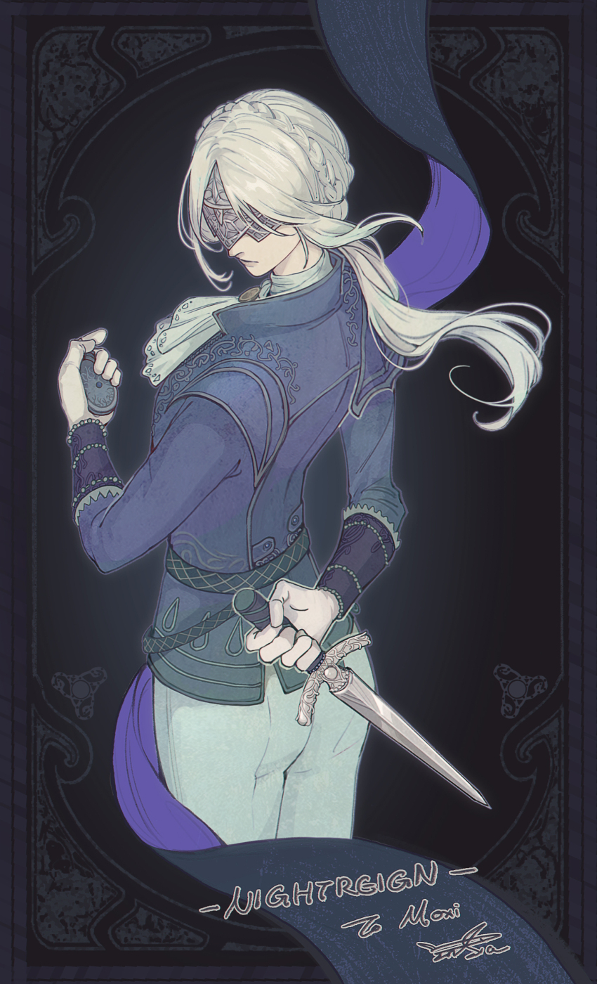 1girl absurdres ascot blindfold blonde_hair blue_jacket blue_surcoat border brooch cape closed_mouth cowboy_shot dagger duchess_(elden_ring) elden_ring elden_ring_nightreign eye_mask from_behind gloves highres holding holding_pocket_watch holding_weapon jacket jewelry knife looking_back low_ponytail ornate_border pants parted_bangs pocket_watch ponytail renshena signature solo two-sided_cape two-sided_fabric watch weapon white_ascot white_gloves white_pants