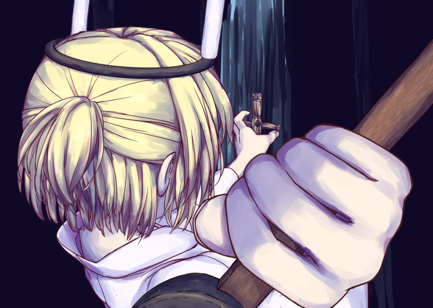 1girl alternate_costume blonde_hair candle commentary_request from_behind half_updo hammer hashihime holding holding_hammer isu_(is88) japanese_clothes kimono mallet mizuhashi_parsee nail_(hardware) pointy_ears ponytail short_hair short_ponytail solo straw_doll touhou upper_body ushi_no_koku_mairi white_kimono