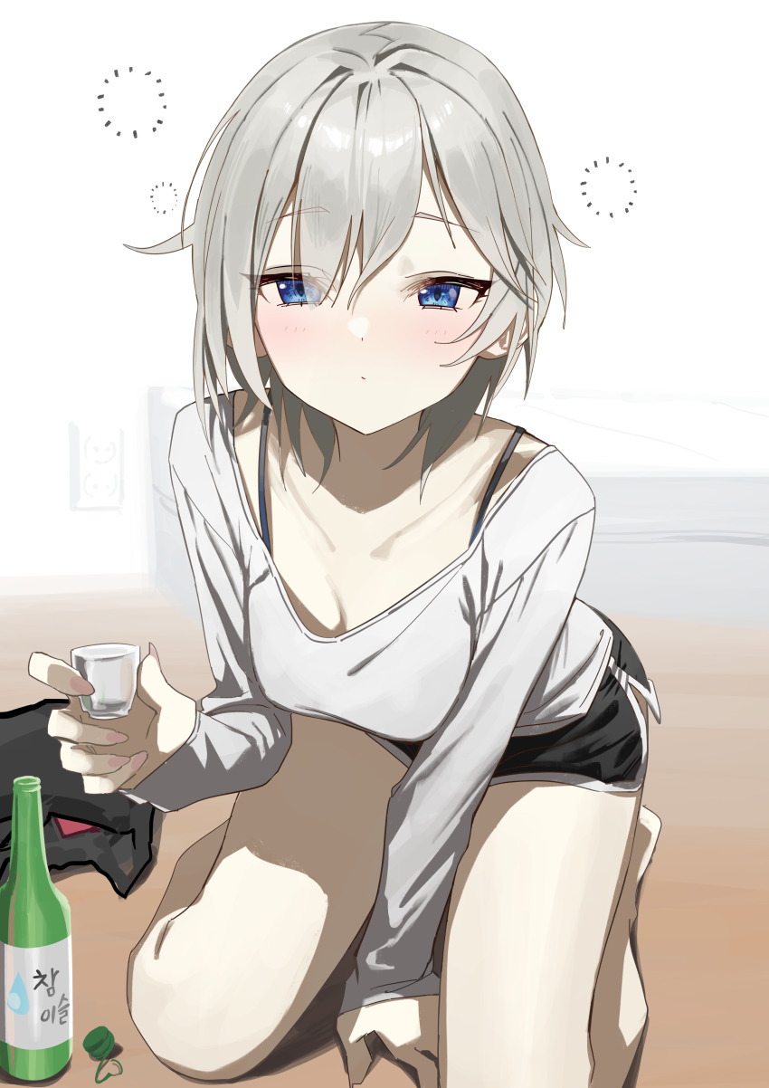 1girl absurdres anastasia_(idolmaster) between_legs black_headwear black_shorts black_straps blue_eyes bottle breasts choko_(cup) cleavage closed_mouth collarbone cup dolphin_shorts dot_nose double-parted_bangs drunk grey_hair grey_shirt hair_between_eyes hair_intakes hand_between_legs hand_up highres holding holding_cup idolmaster idolmaster_cinderella_girls kneeling leaning_forward light_blush long_sleeves looking_at_viewer medium_breasts sake_bottle shirt short_hair short_shorts shorts sketch_background soju solo squeans syhan thighs unworn_headwear