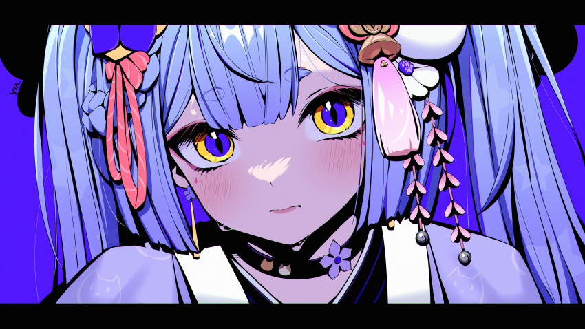 1girl absurdres azusa_(vtuber) virtuareal_link blue_background blue_eyes blue_hair blunt_bangs braid braided_hair_rings chuansongdai close-up hair_ornament hair_rings highres letterboxed looking_at_viewer nijisanji slit_pupils solo virtual_youtuber virtuareal yellow_eyes