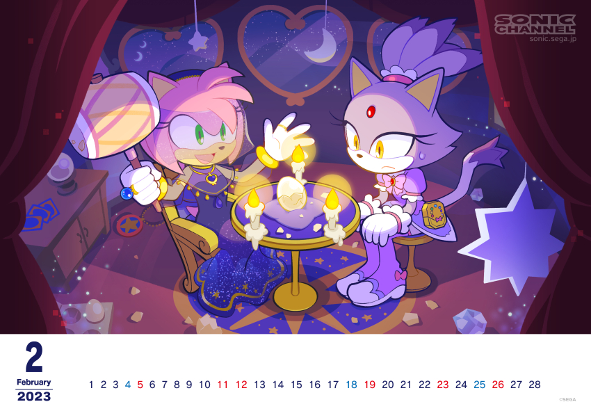 2girls absurdres amy_rose animal_ears archived_source blaze_the_cat candle cat_ears cat_girl cat_tail chair closed_mouth copyright_notice crescent dress flat_chest frown gloves green_eyes hammer hedgehog_girl highres holding holding_hammer holding_weapon multiple_girls official_art on_chair open_mouth pink_fur puffy_short_sleeves puffy_sleeves purple_fur short_sleeves sitting sonic_(series) sonic_channel table tail weapon white_gloves yellow_eyes