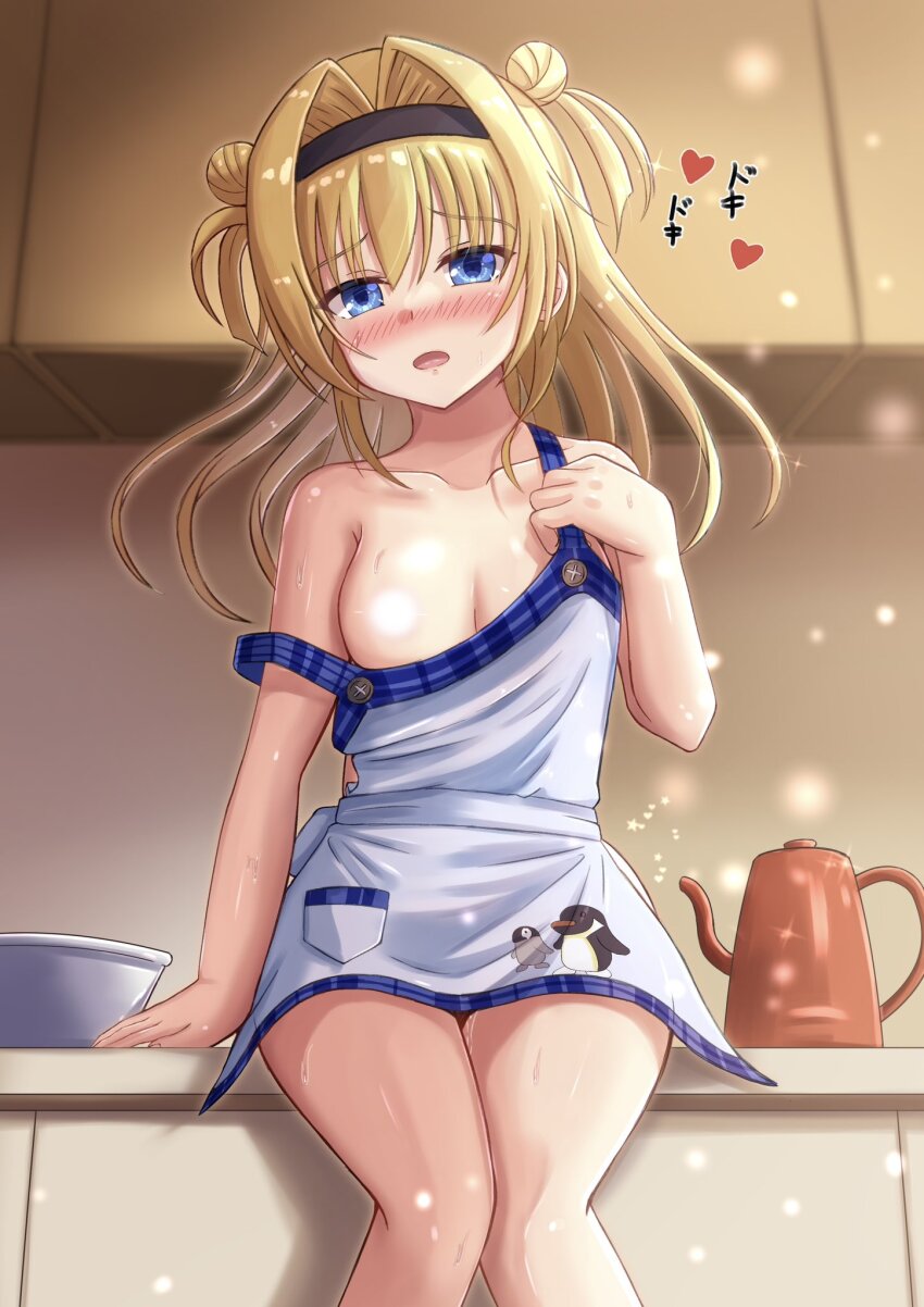 1girl apron arm_at_side aroused bare_shoulders black_hairband blank_censor blonde_hair blue_eyes blush breasts censored chitose_sana cleavage collarbone commentary_request double_bun eyes_visible_through_hair feet_out_of_frame floating_hair furrowed_brow hair_between_eyes hair_bun hair_intakes hairband hand_up heart highres indoors kitchen long_hair looking_at_viewer naked_apron nose_blush open_mouth penguin_print print_apron rio_(lio_yuzu) sitting small_breasts solo sparkle strap_slip sweat teapot tenshinranman thighs two_side_up undressing white_apron