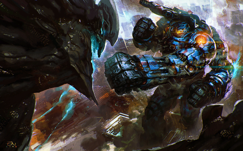 armor battle building cannon city cityscape clenched_hand dannoura_yuuki epic extra_arms gipsy_danger glowing glowing_eyes glowing_mouth highres jaeger_(pacific_rim) kaiju legendary_pictures mecha monster multiple_girls no_humans outstretched_arm pacific_rim pan_pacific_defense_corps realistic robot science_fiction signature