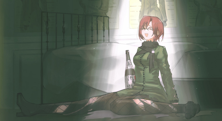 1girl absurdres alcohol aozaki_touko bed bedroom black_pantyhose boots bottle breasts floor glasses green_jacket hair_between_eyes highres indoors jacket lamp mahou_tsukai_no_yoru on_floor pantyhose red_eyes red_hair sake shadow short_hair sitting smile solo thigh_boots thighhighs thighhighs_under_boots type-moon wine_bottle yuishironeko