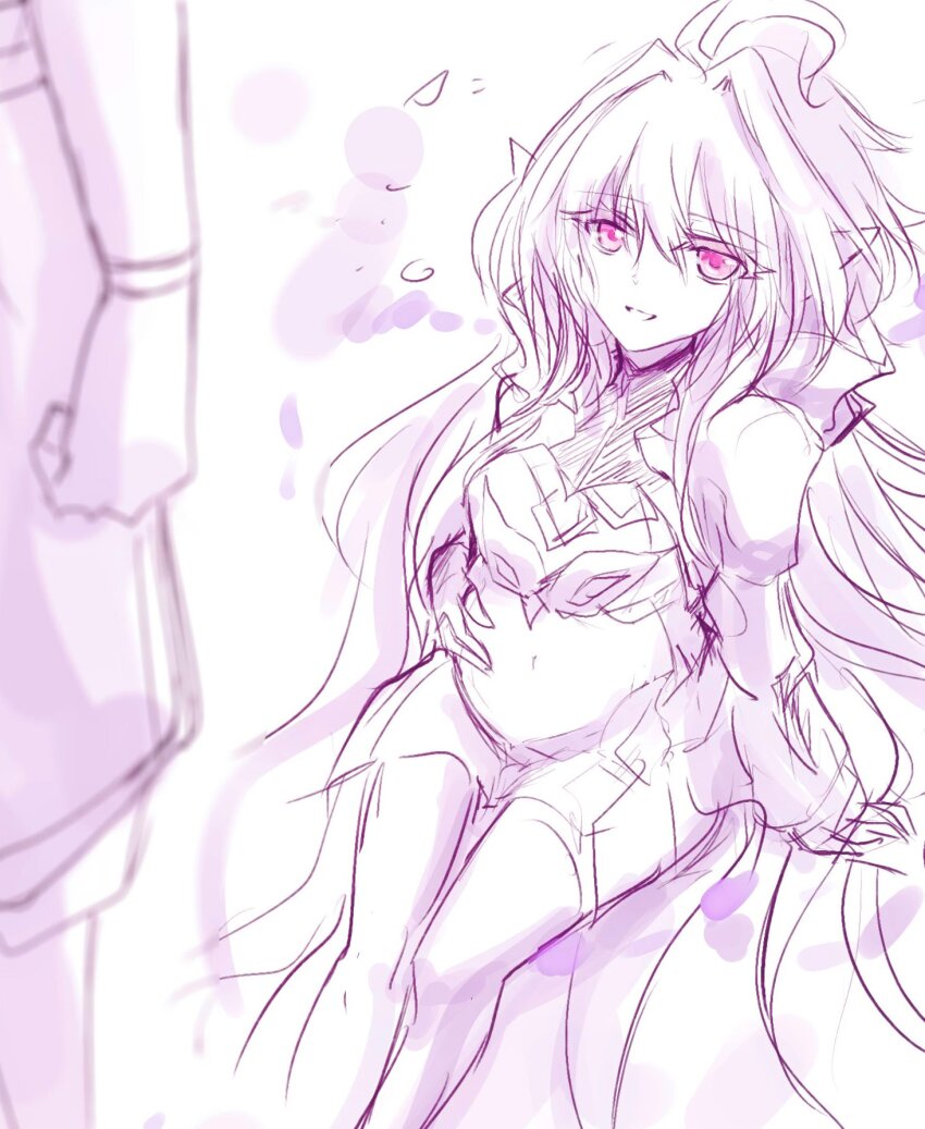 1girl 1other breasts fate/prototype fate_(series) hand_on_own_stomach highres long_hair merlin_(fate/prototype) pink_eyes pointy_ears pregnant ringozuki sitting tagme