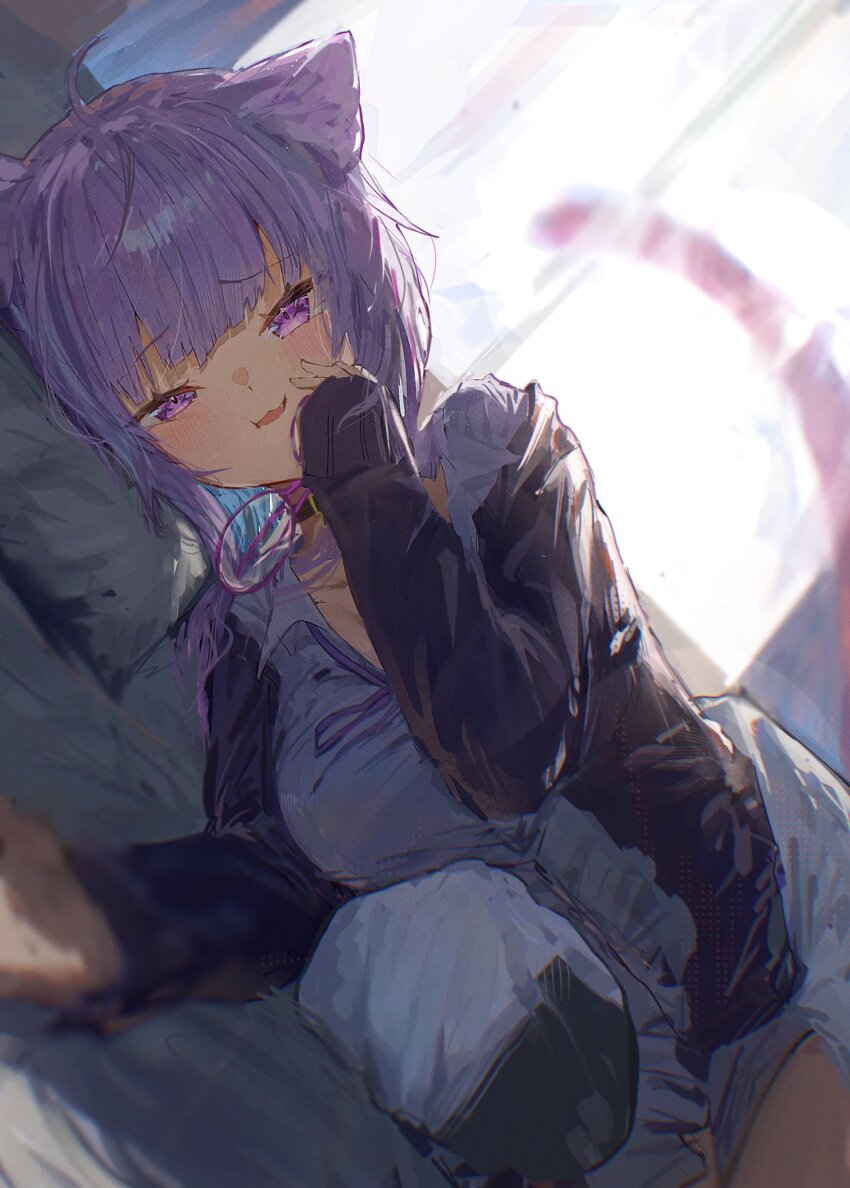 1girl :3 black_jacket blurry cat_girl cat_tail collared_shirt fang hand_on_own_face hashtag-only_commentary head_on_pillow highres hololive jacket kouchanthree long_sleeves looking_at_viewer lying nekomata_okayu on_bed on_side open_mouth pillow purple_eyes purple_hair shirt short_hair solo tail white_shirt