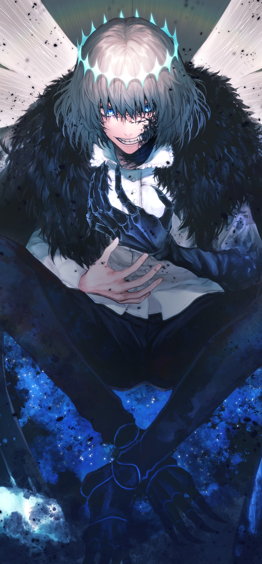 1boy absurdres angry bad_id bad_pixiv_id black_blood black_cape black_pants blood blood_on_face blue_eyes buttons cape claws colored_blood commentary crossed_ankles diamond_hairband fate/grand_order fate_(series) fur_cape glaring gradient_background grey_background grey_hair grimace hand_on_own_cheek hand_on_own_face highres insect_wings looking_at_viewer male_focus mismatched_sclera oberon_(fate) oberon_(third_ascension)_(fate) pants shirt short_hair simple_background solo spoilers symbol-only_commentary teeth white_shirt wings yuta_arata