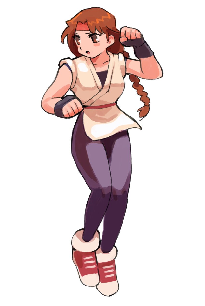1girl black_gloves braid brown_eyes brown_hair collarbone dougi fingerless_gloves full_body gan2 gloves headband highres long_hair open_mouth red_headband red_shoes ryuuko_no_ken shoes simple_background single_braid solo the_king_of_fighters white_background yuri_sakazaki