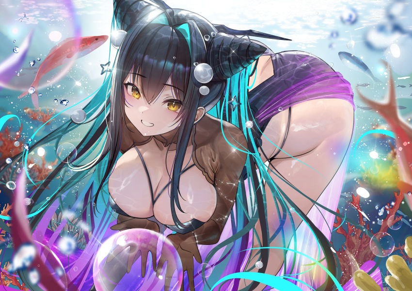 1girl bent_over black_hair blush breasts bubble cleavage fish goddess_of_victory:_nikke green_hair hair_intakes highres large_breasts little_mermaid_(abyss_flower)_(nikke) little_mermaid_(nikke) long_hair looking_at_viewer multicolored_hair official_alternate_costume sidelocks solo submerged teddypocky thighs underwater yellow_eyes