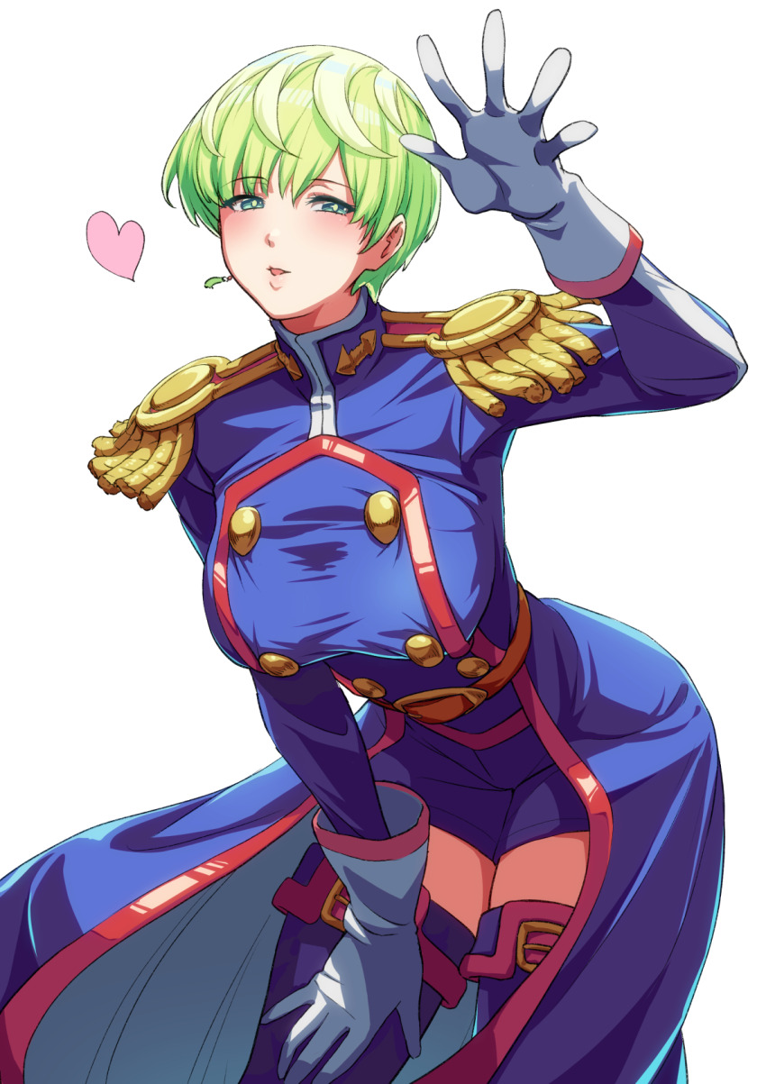 1girl anti-demon_corps_uniform blue_coat blue_shorts blue_thighhighs coat earrings epaulettes gloves green_eyes green_hair highres izumo_tenka jewelry leaning_forward looking_at_viewer mato_seihei_no_slave multicolored_hair nay_elle0921 short_hair shorts simple_background single_earring solo studded thighhighs two-tone_hair white_background white_gloves