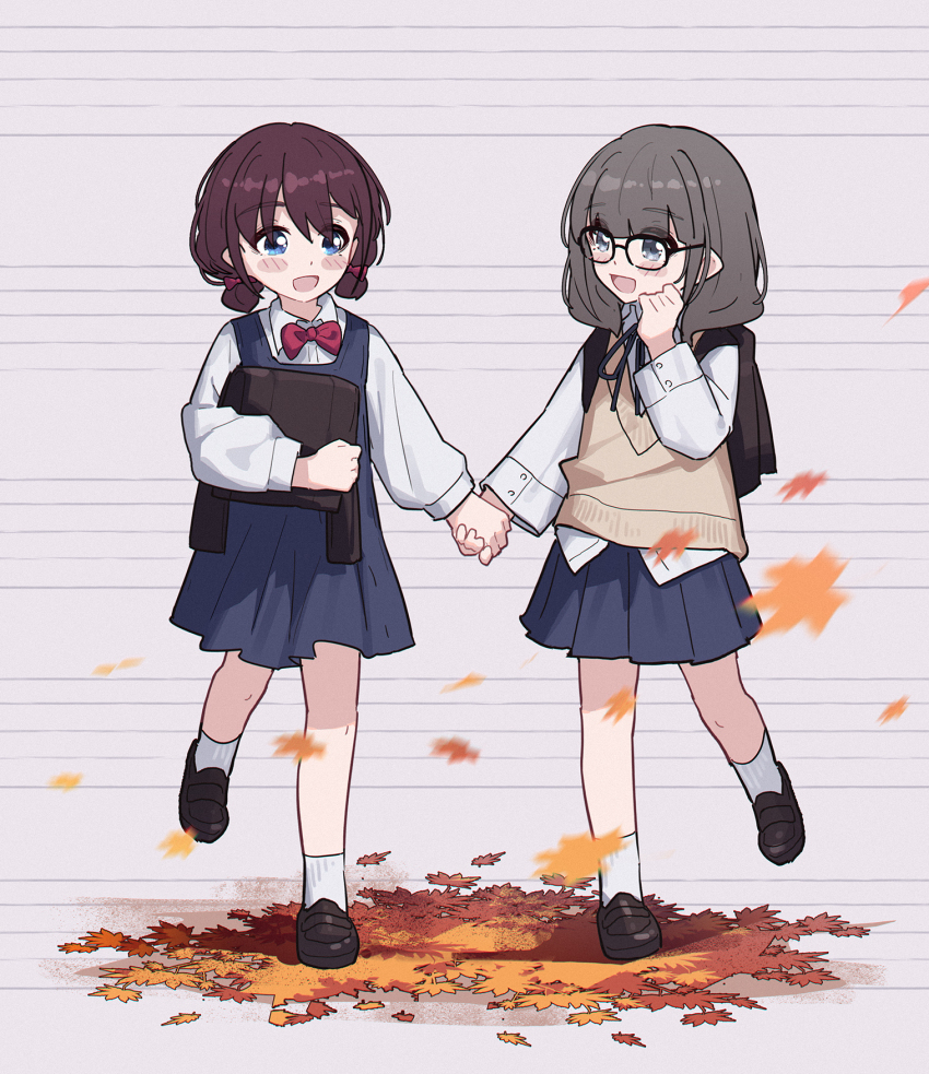 2girls aged_down autumn_leaves backpack bag black_bag black_shoes blue_dress blue_eyes blue_ribbon blush bow bowtie brown_hair brown_sweater_vest chinese_commentary commentary_request dress dress_shirt girls_band_cry glasses grey_eyes grey_hair highres hina_(girls_band_cry) holding_hands iseri_nina leaf loafers low_twintails medium_hair multiple_girls neck_ribbon open_mouth pinafore_dress red_bow red_bowtie ribbon school_uniform shirt shoes short_hair short_twintails sleeveless sleeveless_dress socks sweater_vest twintails white_shirt white_socks yun_cao_bing