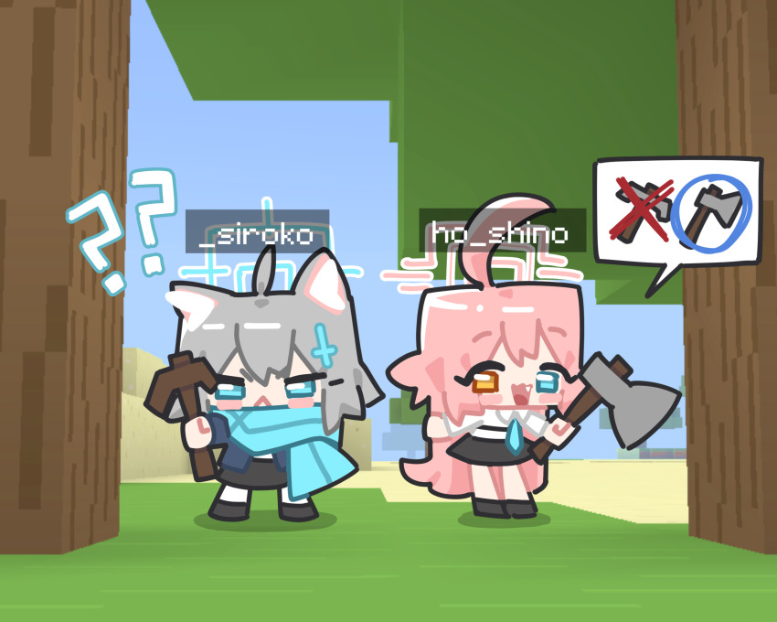 2girls ? ?? ahoge animal_ear_fluff animal_ears axe black_footwear black_skirt blue_archive blue_eyes blue_halo blue_jacket blue_necktie blue_scarf blush_stickers character_name chibi chibi_only closed_mouth collared_shirt cross cross_hair_ornament crossed_out day fang frown grey_hair hair_ornament halo heterochromia highres holding holding_axe holding_pickaxe hoshino_(blue_archive) huge_ahoge inverted_cross ishikoro24 jacket long_hair long_sleeves medium_hair minecraft multiple_girls necktie open_mouth orange_eyes outdoors parody pickaxe pink_hair pink_halo scarf shiroko_(blue_archive) shirt skirt speech_bubble spoken_object standing tree very_long_hair white_shirt wolf_ears wolf_girl x