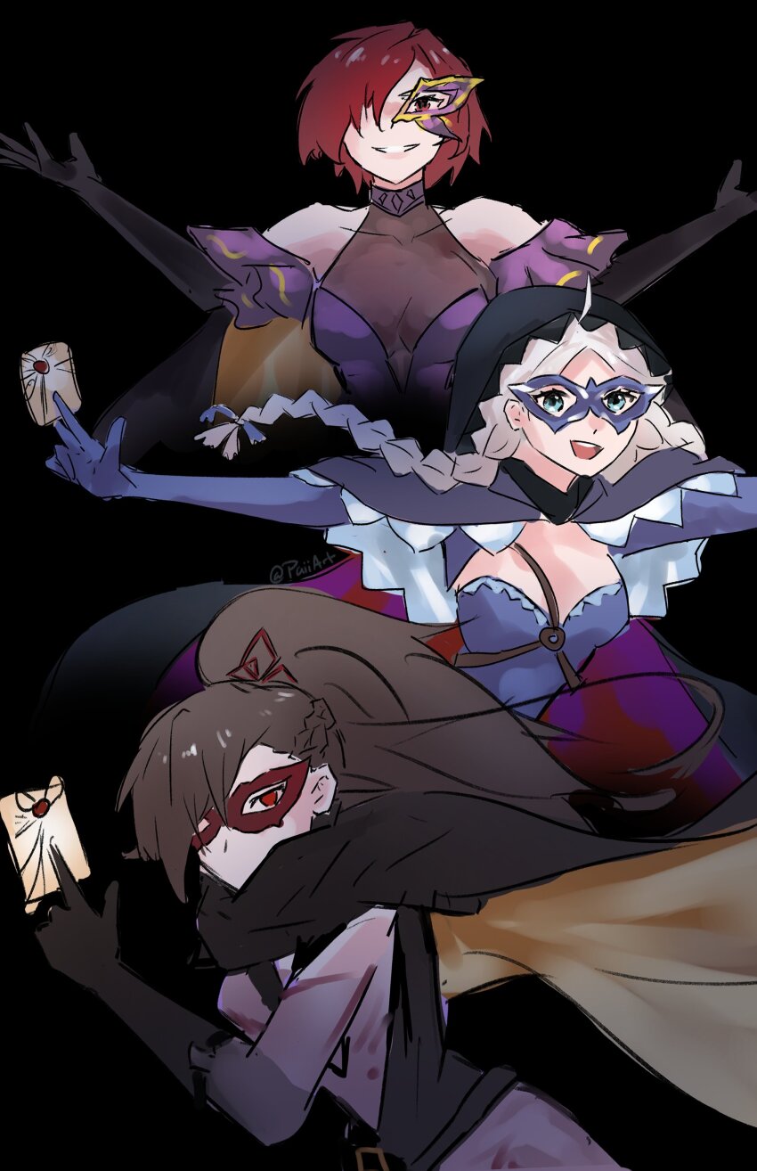absurdres ahoge bare_shoulders braid brown_hair calling_card eye_mask fire_emblem fire_emblem:_the_blazing_blade fire_emblem_fates fire_emblem_heroes high_ponytail highres hood hood_up kagero_(fire_emblem) kagero_(thief)_(fire_emblem) leila_(fire_emblem) leila_(thief)_(fire_emblem) low_twin_braids nina_(fire_emblem) nina_(thief)_(fire_emblem) nintendo official_alternate_costume open_mouth outstretched_arms paiiart parted_bangs ponytail red_hair teeth twin_braids upper_teeth_only white_hair