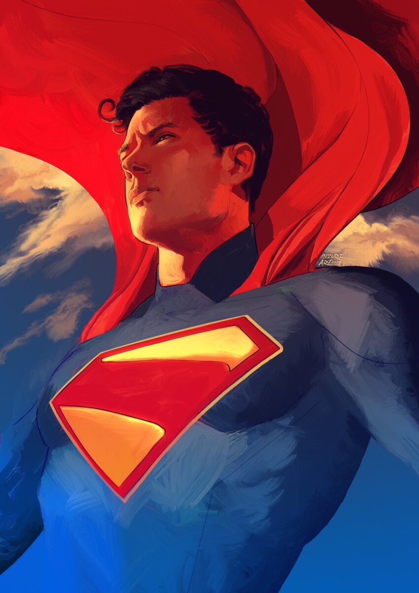 1boy black_hair blue_bodysuit bodysuit cape closed_mouth cloud commentary covered_pectorals dc_comics english_commentary highres looking_ahead male_focus pectorals realistic red_cape short_sideburns sky solo superhero_costume superman superman_(2025) superman_(series) superman_logo upper_body uzuri_art
