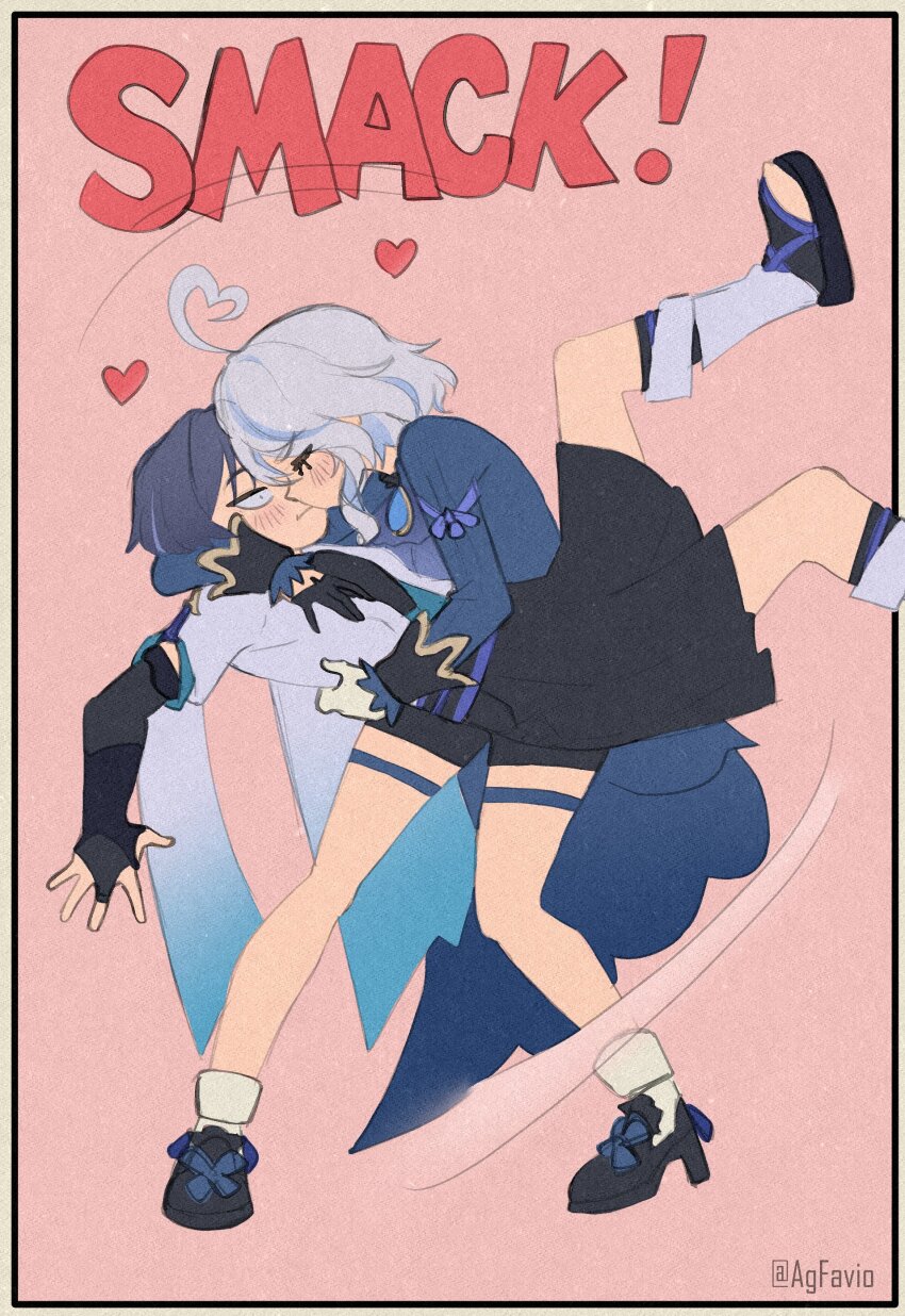 1boy 1girl absurdres agfavio ahoge arm_around_shoulder ascot asymmetrical_gloves black_border black_bridal_gauntlets black_gloves black_hair black_leggings black_sandals black_shoes black_shorts black_sleeve_cuffs blue_bow blue_brooch blue_jacket blue_kimono blue_sleeves blunt_ends blush border bow bridal_gauntlets carrying carrying_person closed_eyes closed_mouth coattails constricted_pupils curly_ends curly_sidelocks eyelash_ornament facing_another footwear_bow full_body furina_(genshin_impact) genshin_impact gloves hakama hakama_shorts half_gloves han&#039;eri hand_on_another&#039;s_waist heart heart_ahoge hetero high_heels highres jacket japanese_clothes kimono kiss layered_kimono layered_sleeves leg_warmers leggings long_sleeves looking_at_another meme meme_request middle_ring mismatched_gloves multicolored_hair open_clothes open_hand open_kimono outstretched_arm pink_background pleated_shorts purple_ascot purple_bow purple_hair purple_rope rope sandals scaramouche_(genshin_impact) shoes short_hair short_sleeves shorts sidelocks sound_effects streaked_hair thigh_strap twitter_username wanderer_(genshin_impact) white_gloves white_hair white_kimono white_leg_warmers white_sleeves zouri