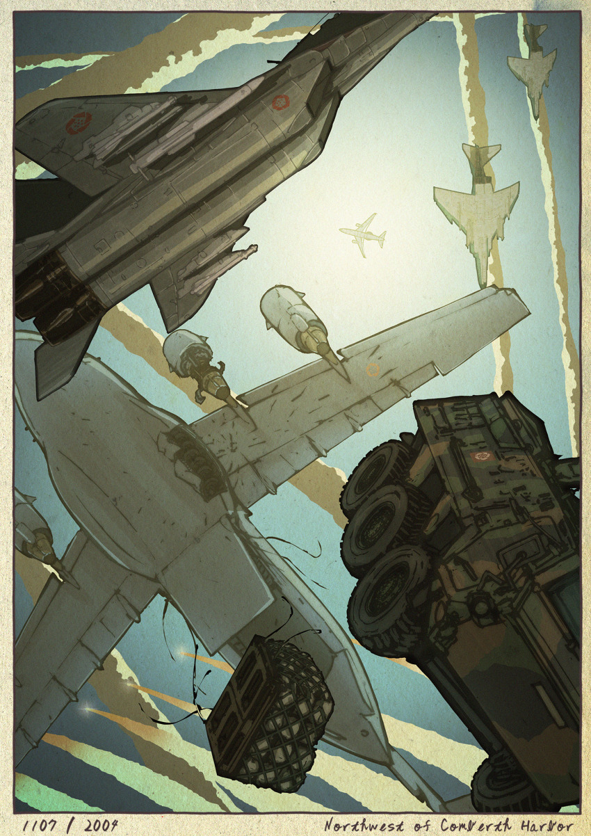 ace_combat ace_combat_04 aircraft airplane armored_personnel_carrier armored_vehicle border commentary_request day english_text f-4_phantom_ii fighter_jet fine_art_parody flying highres mig-29 military military_vehicle mobius_1 motor_vehicle nihonga no_humans outdoors parody sky ukiyo-e vehicle_focus vehicle_request yuukou