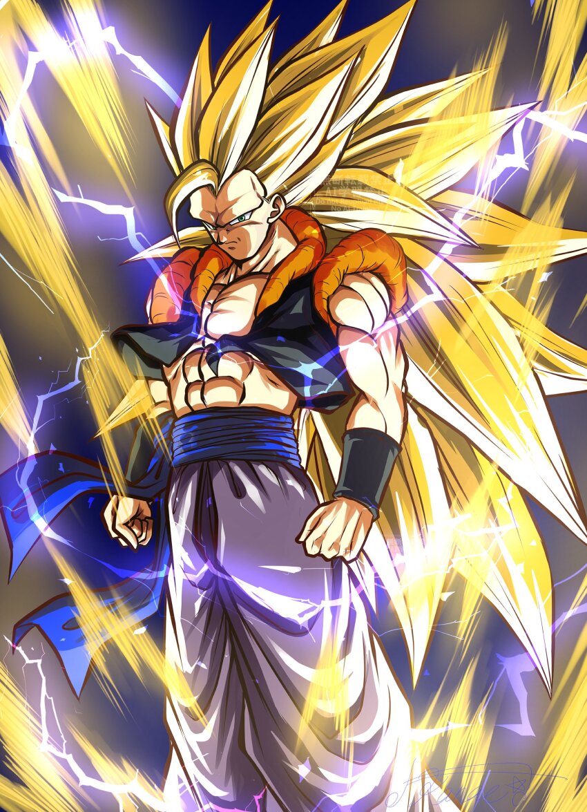 1boy abs aura black_vest blue_sash clenched_hands cowboy_shot dragon_ball dragonball_z electricity gogeta green_eyes highres kanaetecho long_hair looking_at_viewer metamoran_vest missing_commentary muscular muscular_male no_eyebrows no_shirt open_clothes open_vest pants sash solo spiked_hair super_saiyan super_saiyan_3 vest white_pants