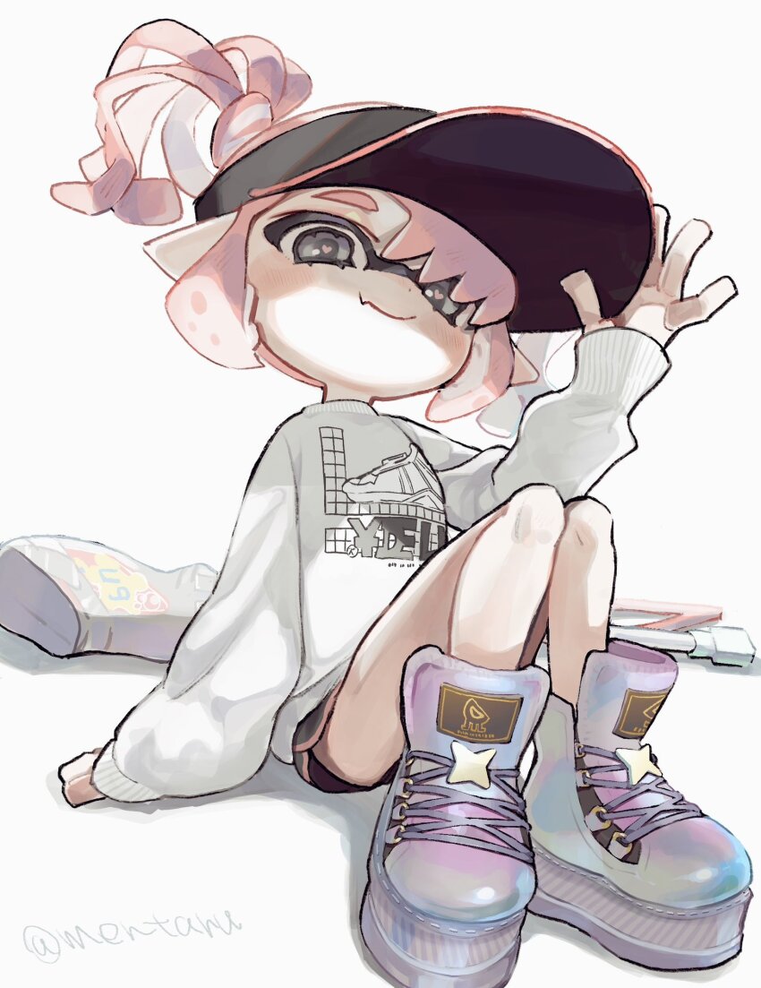 1girl adjusting_clothes adjusting_headwear amezawa_koma arm_support arm_up black_hat black_shorts blush boots closed_mouth commentary_request dolphin_shorts fang full_body grey_eyes hat heart heart_in_eye highres holographic_footwear inkling inkling_girl inkling_player_character long_sleeves nintendo pink_hair platform_boots platform_footwear pointy_ears short_hair short_twintails shorts sidelocks simple_background sitting skin_fang smile solo splatoon_(series) squiffer_(splatoon) suction_cups sweater symbol_in_eye tentacle_hair thick_eyebrows twintails visor_cap white_background white_sweater