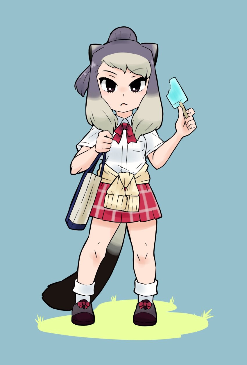 1girl :&lt; adapted_costume alpine_marmot_(kemono_friends) animal_ears bag bow bowtie brown_eyes brown_footwear clothes_around_waist collared_shirt food full_body gravi_pig4891 grey_hair highres holding holding_food holding_popsicle kemono_friends light_brown_hair looking_at_viewer multicolored_hair plaid_clothes plaid_skirt pleated_skirt popsicle red_bow red_bowtie red_skirt school_bag school_uniform shirt short_sleeves sidelocks skirt socks solo squirrel_ears squirrel_girl squirrel_tail sweater sweater_around_waist t-shirt tail white_shirt white_socks
