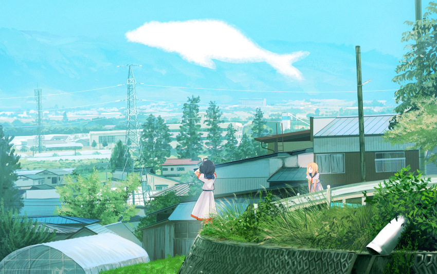 2girls arm_support black_hair blonde_hair building cellphone cityscape cloud curtains grass greenhouse hands_up highres house inami_hatoko ladder leaning_forward long_hair looking_to_the_side mountain mountainous_horizon multiple_girls original outdoors phone power_lines railing road rural scenery school_uniform serafuku sky smartphone smile taking_picture tree utility_pole whale